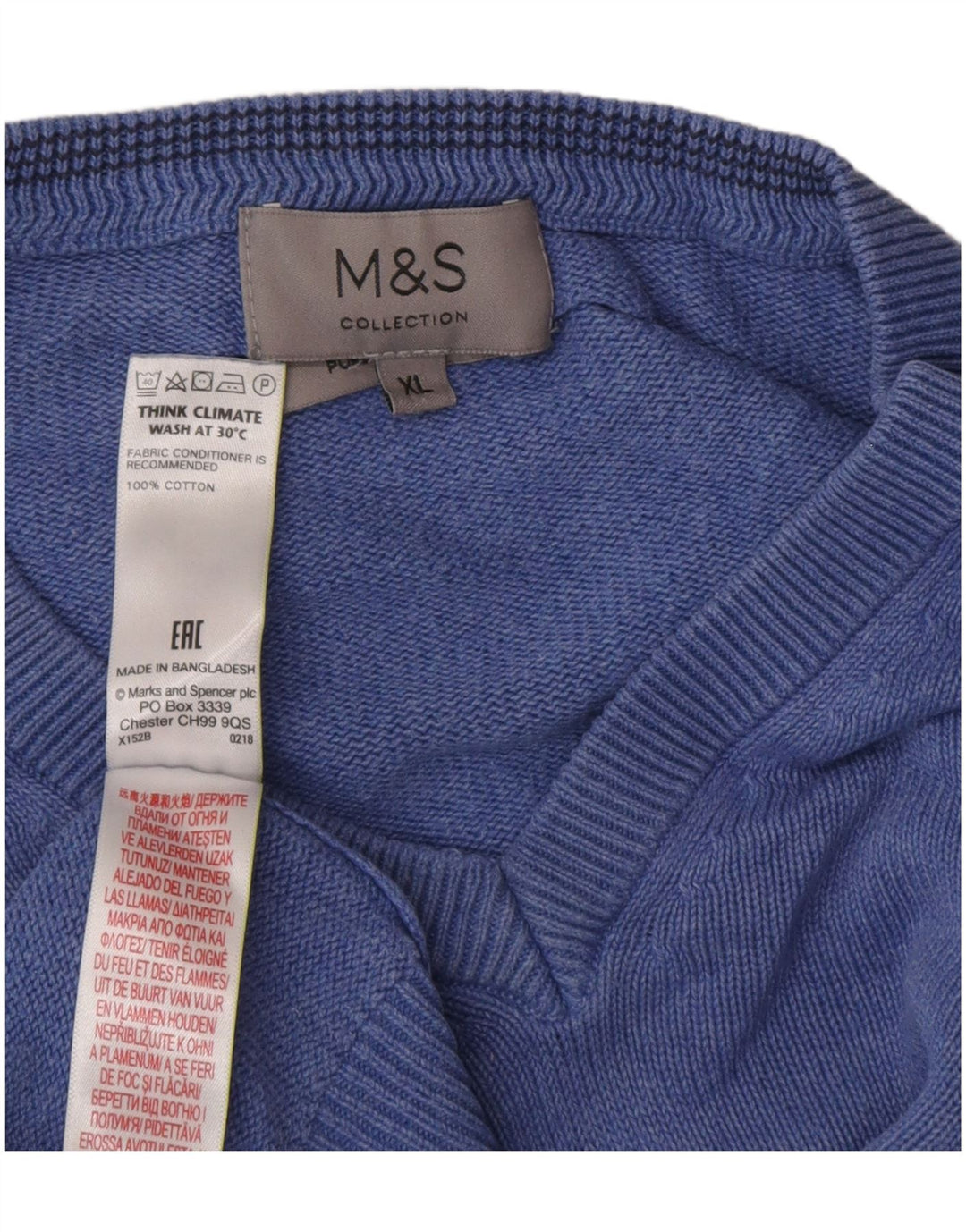 Pulover pentru bărbați Marks & Spencer, cu decolteu în V, XL, bumbac, albastru