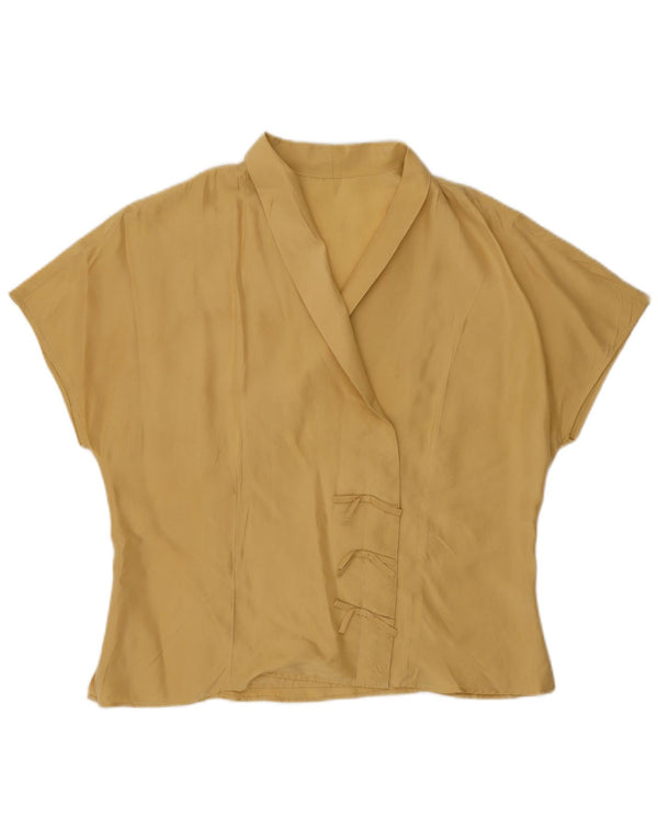 Bluză cămașă cu mânecă scurtă pentru femei vintage UK 16, mătase mare, galbenă