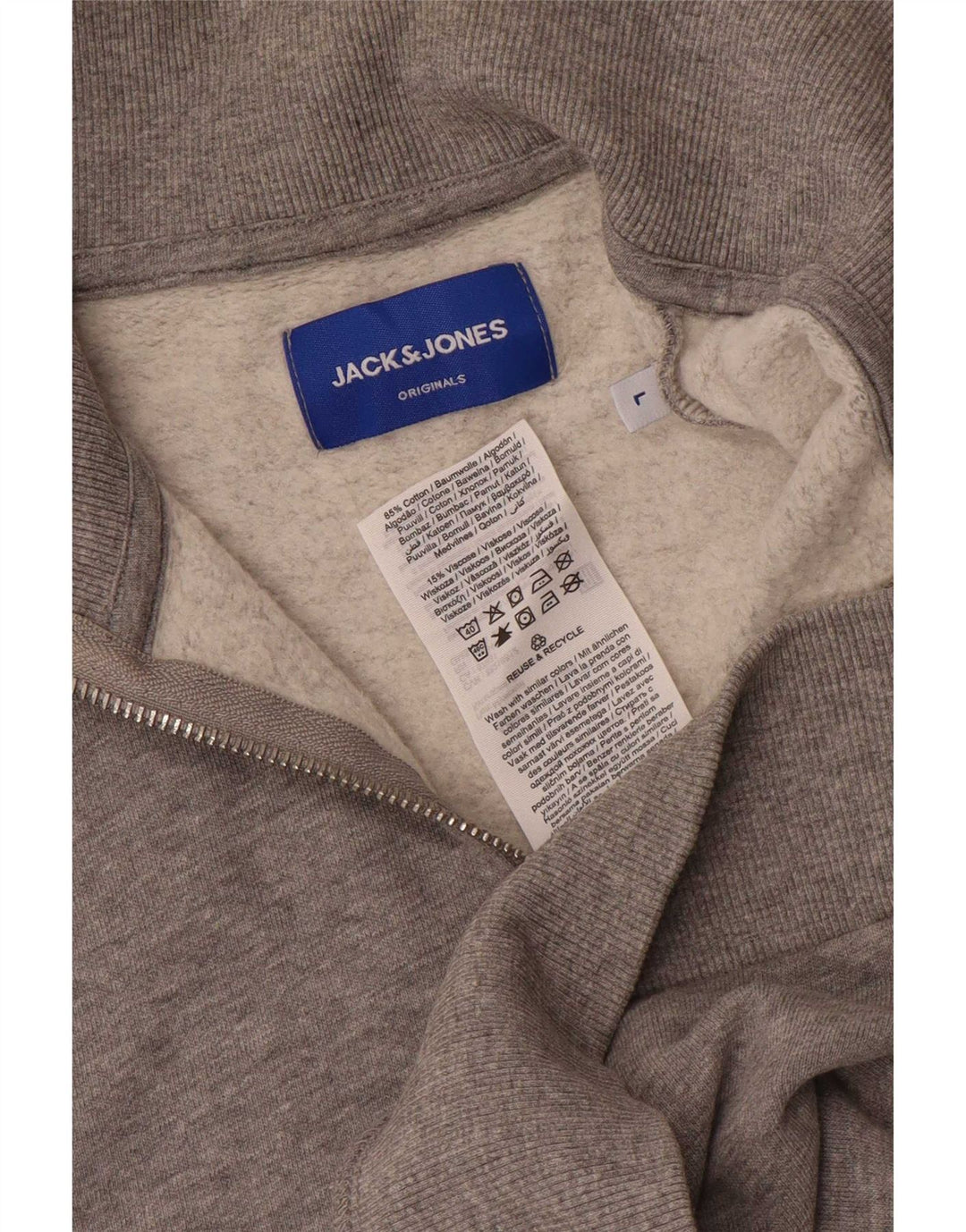 Pulover pentru bărbați Jack & Jones, cu grafică, cu fermoar, cu gât, mare, pete gri
