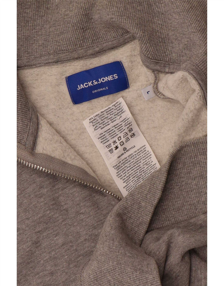 Pulover pentru bărbați Jack & Jones, cu grafică, cu fermoar, cu gât, mare, pete gri