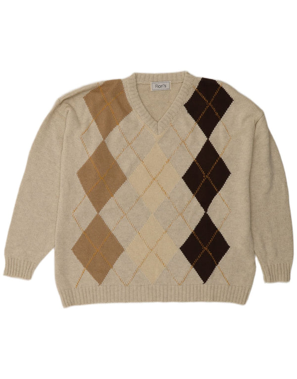 Pulover vintage pentru bărbați cu decolteu în V, XL, bej, bumbac Argyle/Diamond