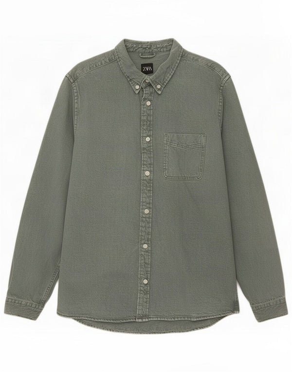 Zara Mens Denim Shirt Large Green Cotton