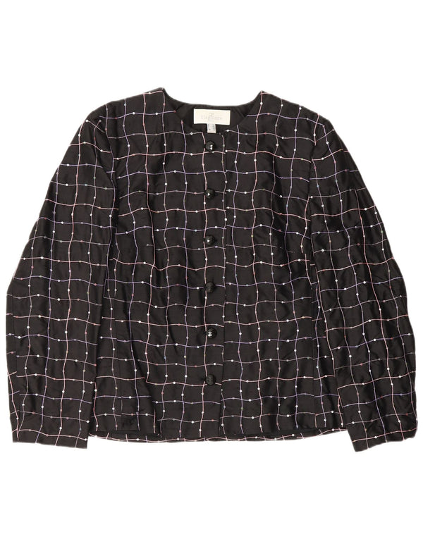 Bluză cămașă pentru femei Elegance UK 16, mătase mare, neagră, cu carouri