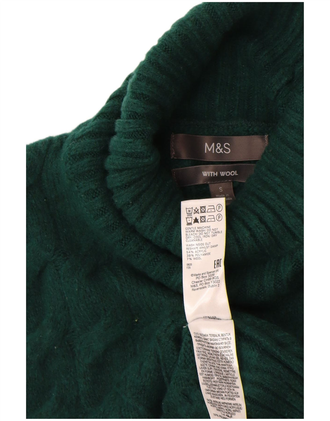 MARKS & SPENCER Pulover cu gât rulat pentru femei UK 10 Acrilic verde mic