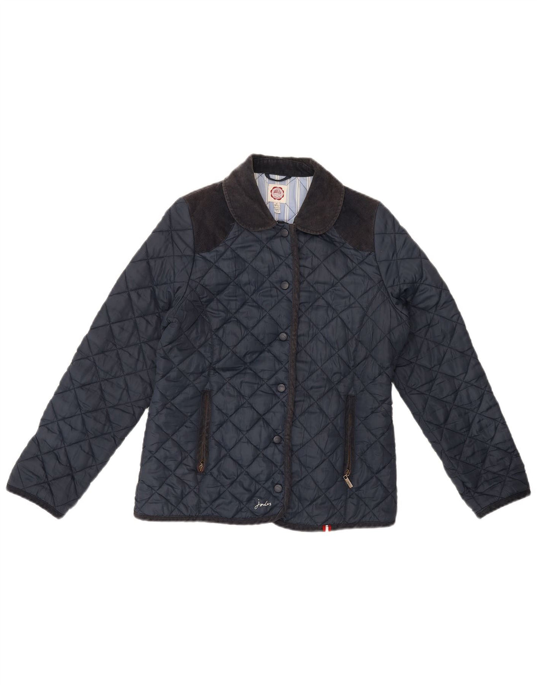 JOULES Womens Quilted Jacket UK 14 Large Navy Blue Cotton