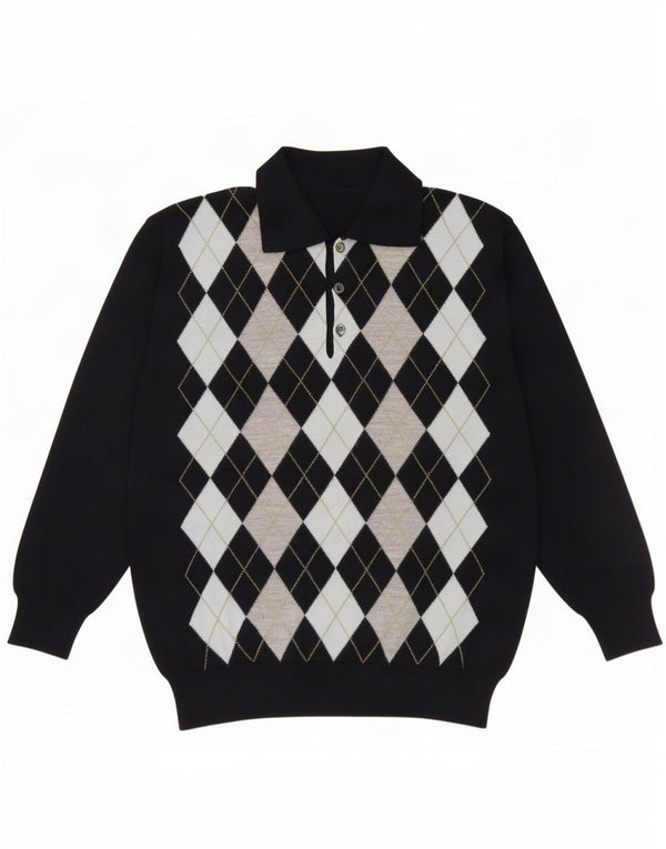 Pulover vintage pentru bărbați cu gât polo, 2XL, albastru bleumarin Argyle/Diamond