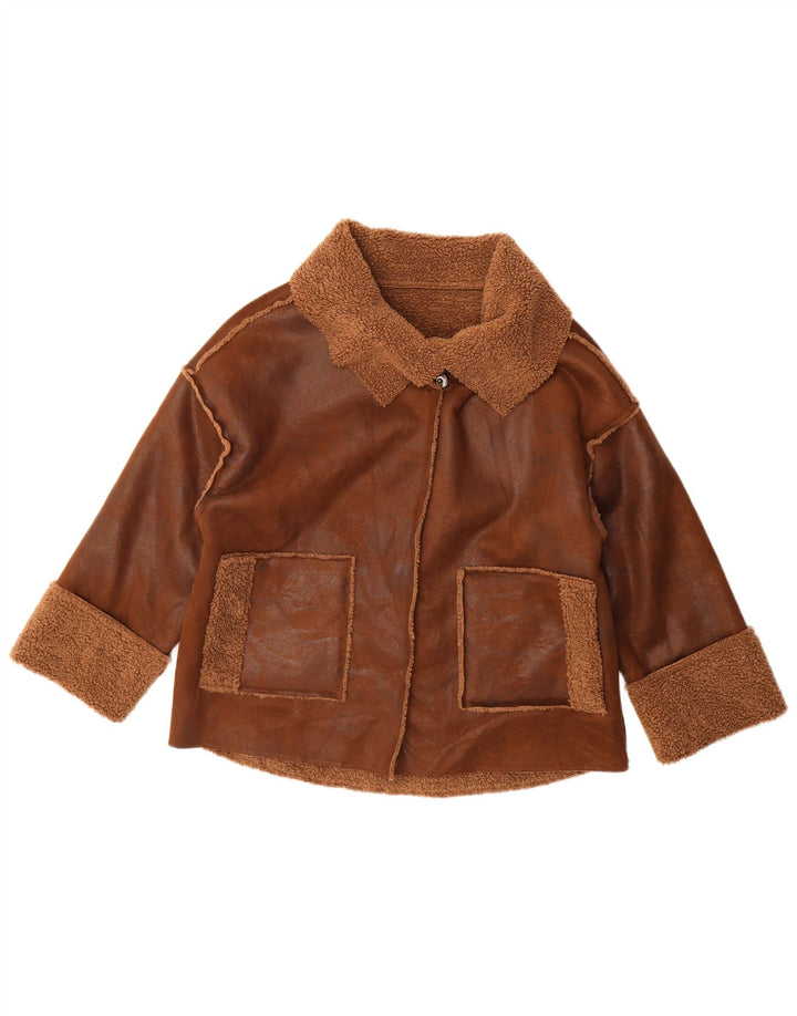 Jachetă Sherpa supradimensionată pentru femei vintage cu mâneci 3/4 UK 14 maro mediu