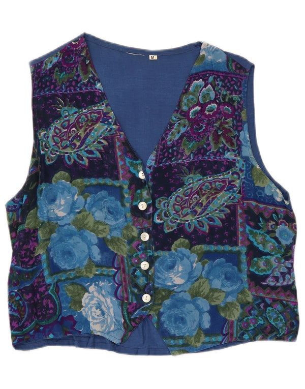 Vestă vintage pentru femei UK 14 Medium Blue Floral Viscose Retro