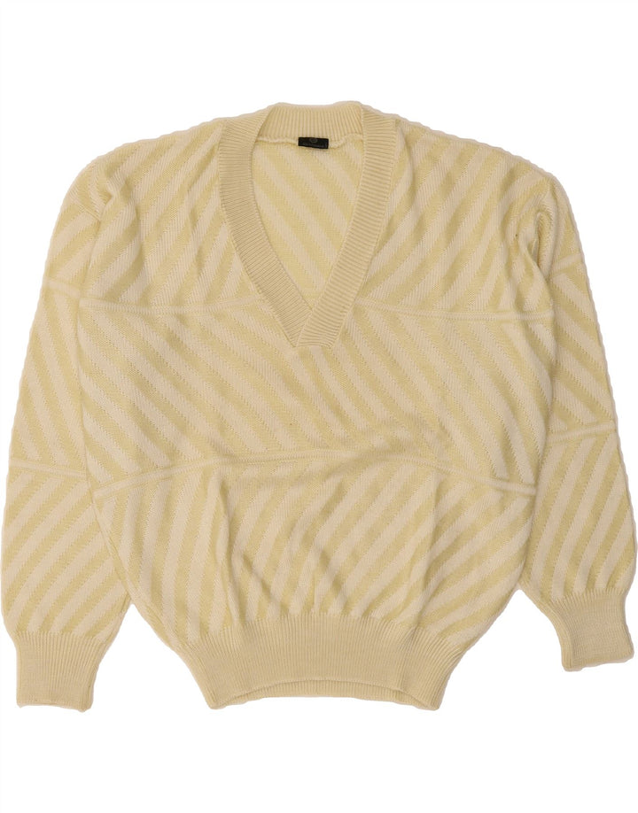 VINTAGE Mens V-Neck Jumper Sweater IT 48/50 Medium Beige Striped Vintage Vintage and Second-Hand Vintage from Messina Hembry 