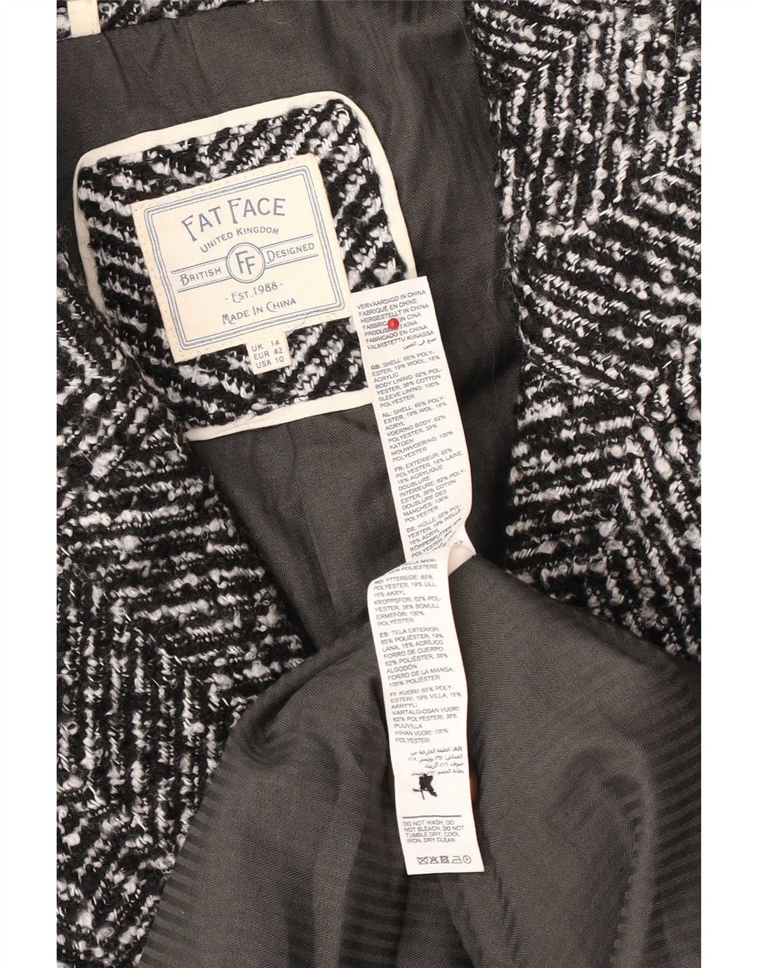 Pardesiu Fat Face pentru femei, cu ajustare larg, UK 14 Large Black Herringbone Classic
