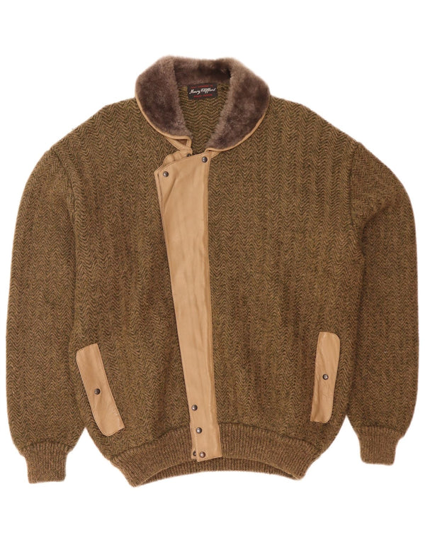 Pulover cardigan supradimensionat vintage pentru femei UK 14 Large Khaki Herringbone