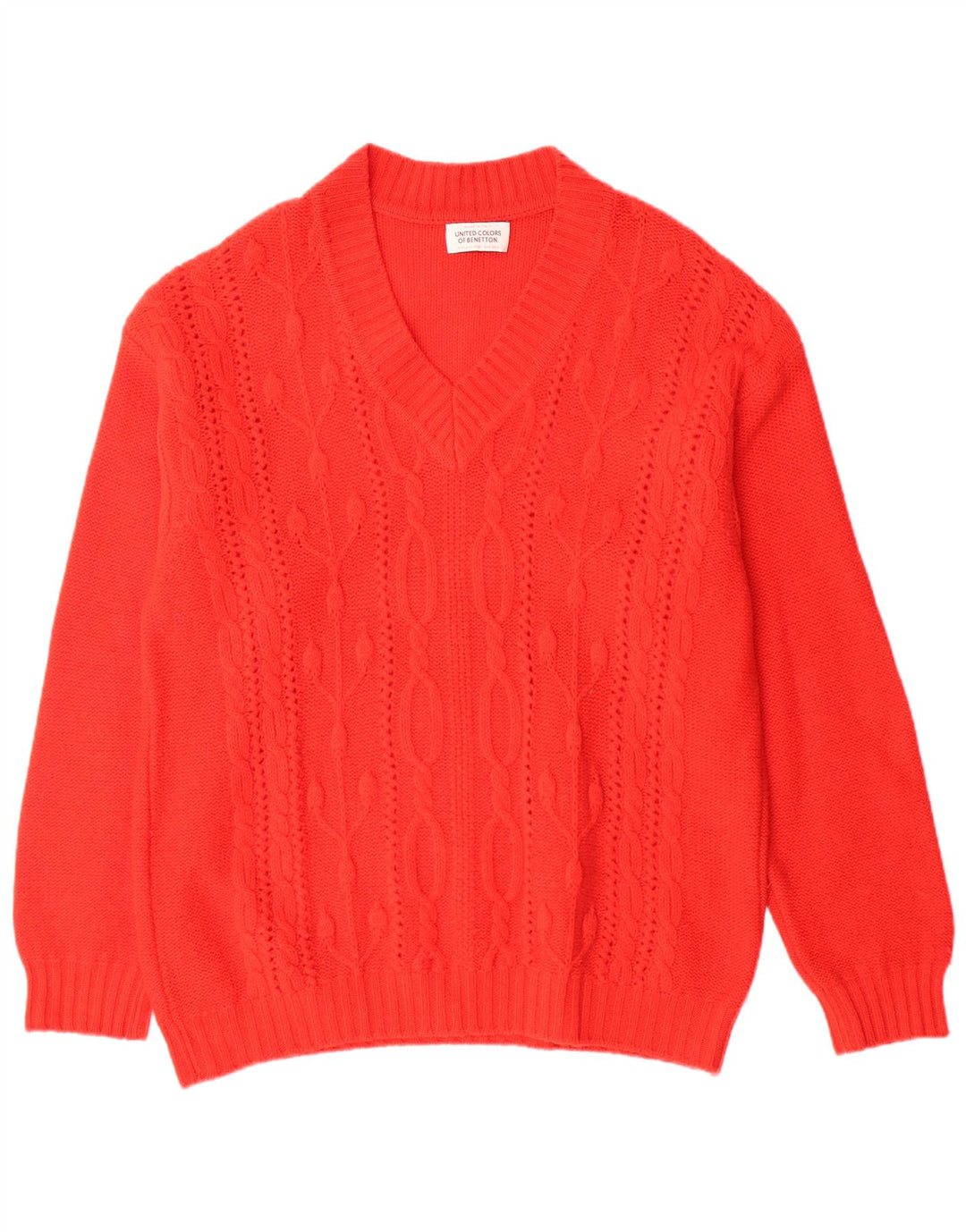 Pulover cu decolteu în V BENETTON pentru bărbați din lână virgină roșie mare