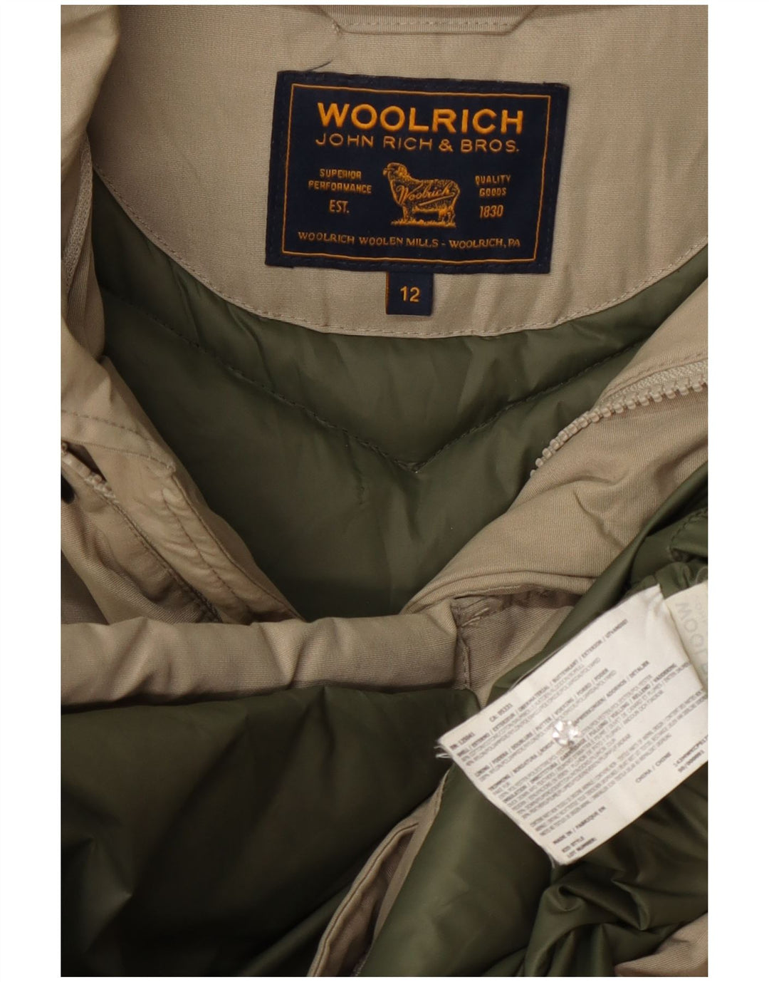 Jachetă căptușită cu glugă Woolrich pentru băieți 11-12 ani, bumbac bej