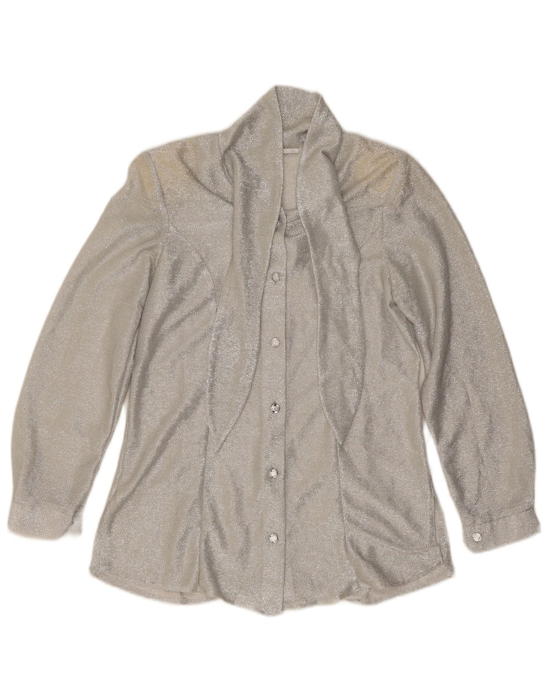 Bluză vintage pentru femei cu cămașă cu cravată în față UK 12 Medium Argintiu pete