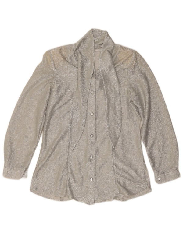 Bluză vintage pentru femei cu cămașă cu cravată în față UK 12 Medium Argintiu pete