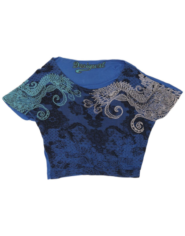 Desigual Womens Crop Graphic T-Shirt Top UK 16 Large Blue Paisley Viscose