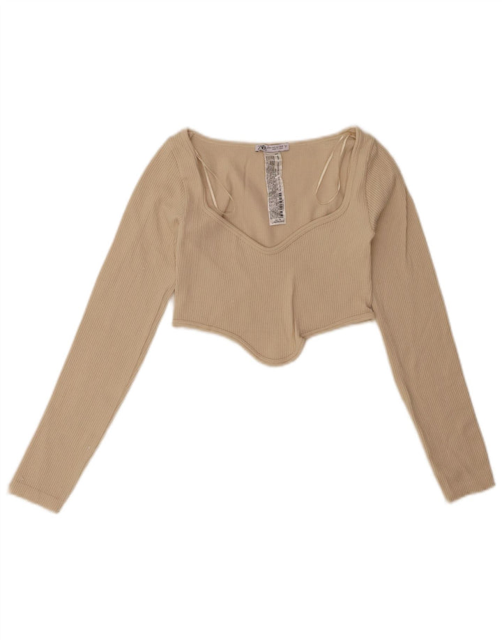 ZARA Womens Crop Top Long Sleeve UK 4 XS Beige Polyamide