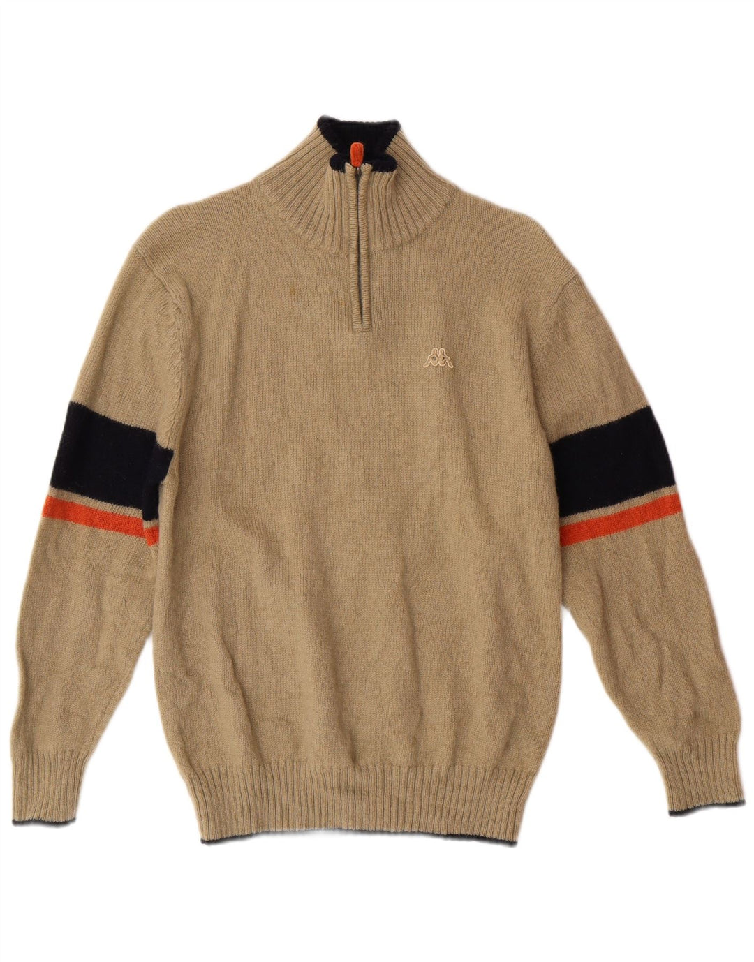 Pulover Kappa pentru damă, cu fermoar, cu gât, lână cu dungi, bej mediu, clasic