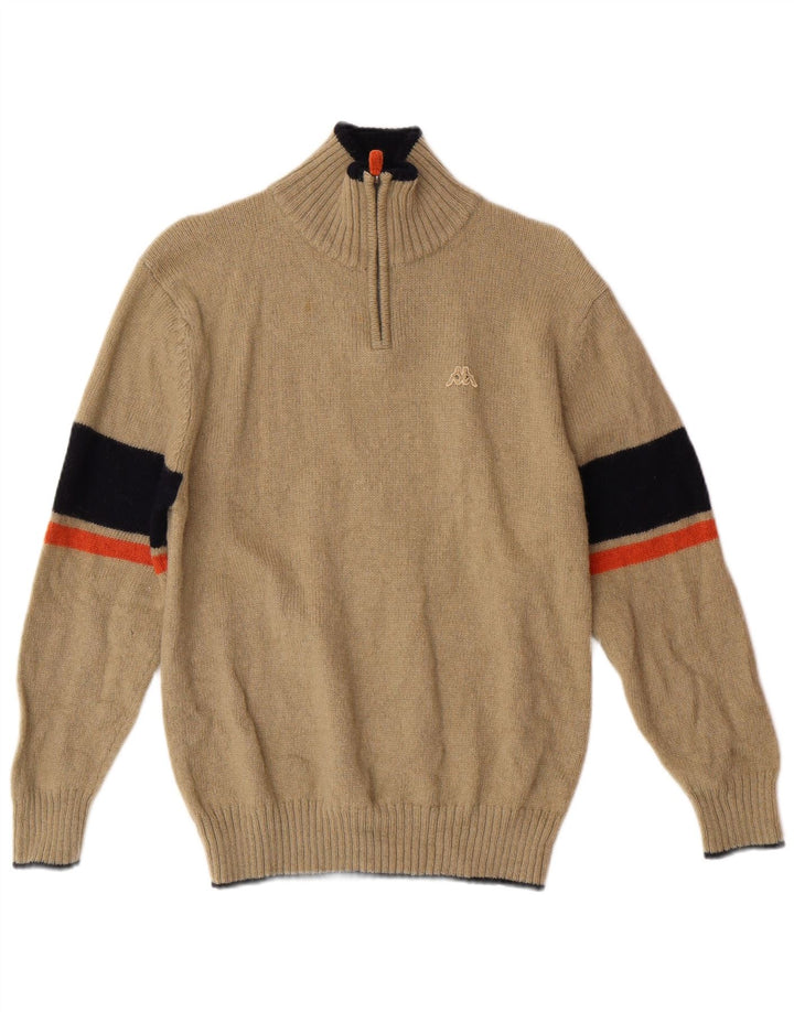 Pulover Kappa pentru damă, cu fermoar, cu gât, lână cu dungi, bej mediu, clasic