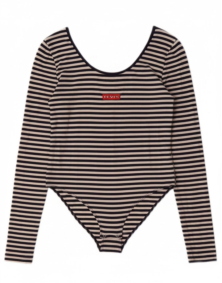 LEVI'S Womens Bodysuit UK 12 Medium Navy Blue Striped Cotton Nautical