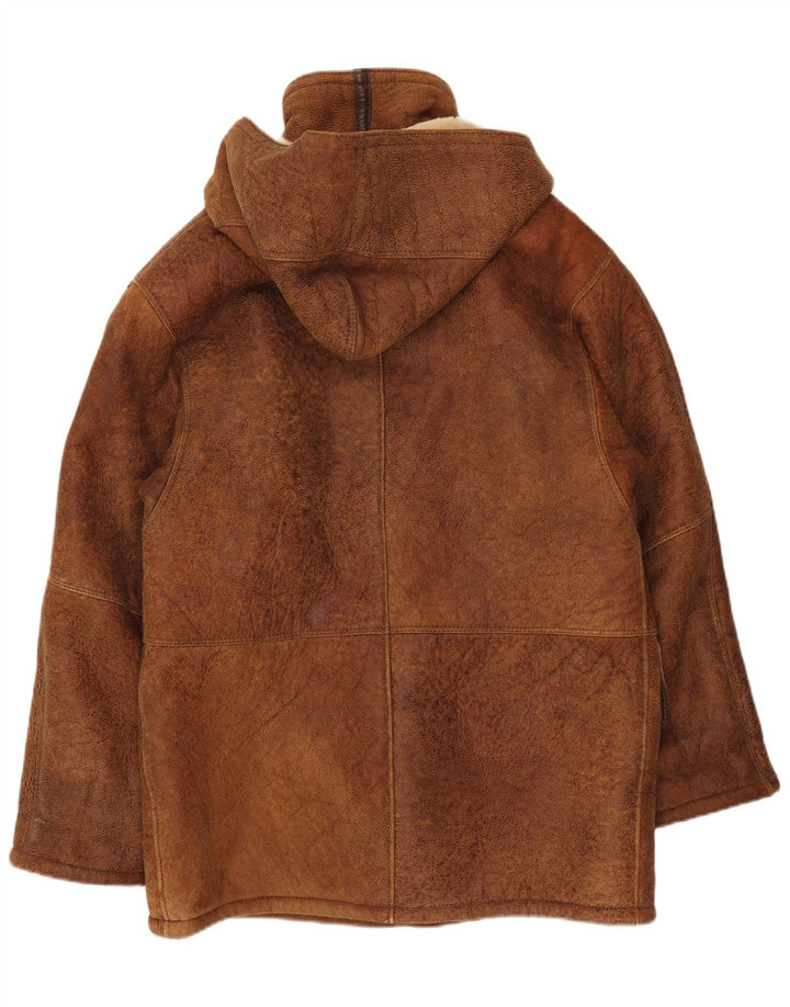 Jachetă din shearling cu glugă pentru bărbați VINTAGE IT 50 mare, maro, din shearling