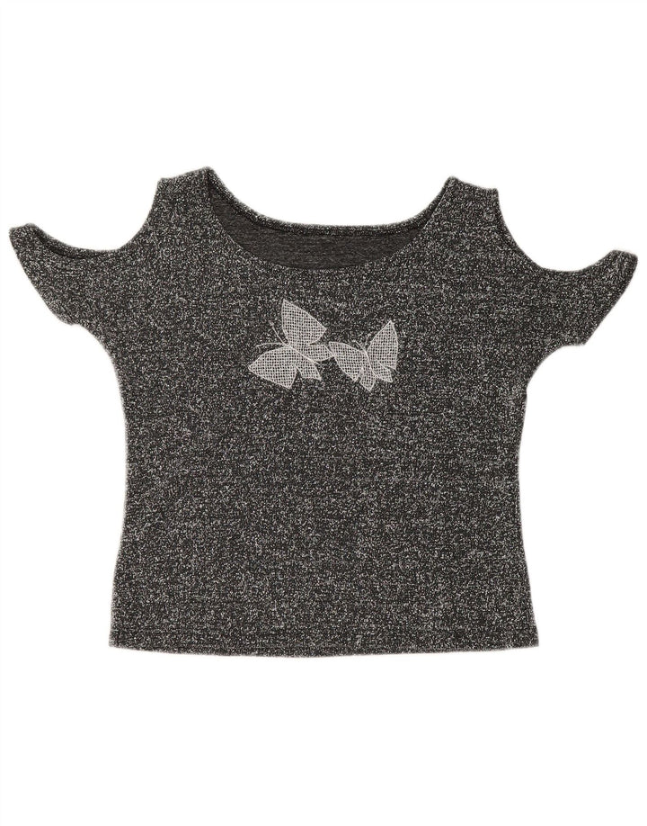 VINTAGE Top cu umeri decupați pentru femei UK 12 Medium Gri Flecked Butterfly