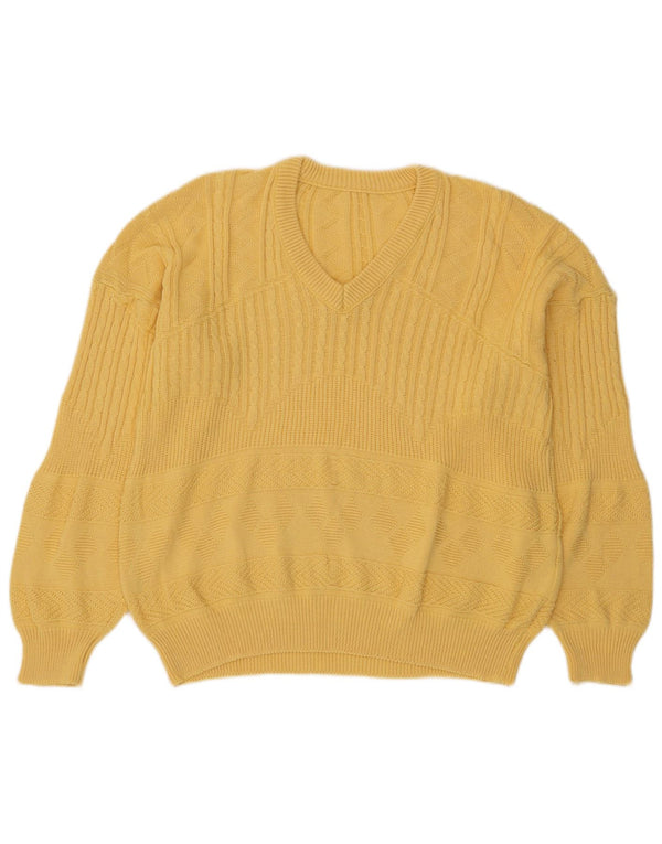 Pulover vintage pentru femei cu decolteu în V supradimensionat din bumbac galben mediu UK 14