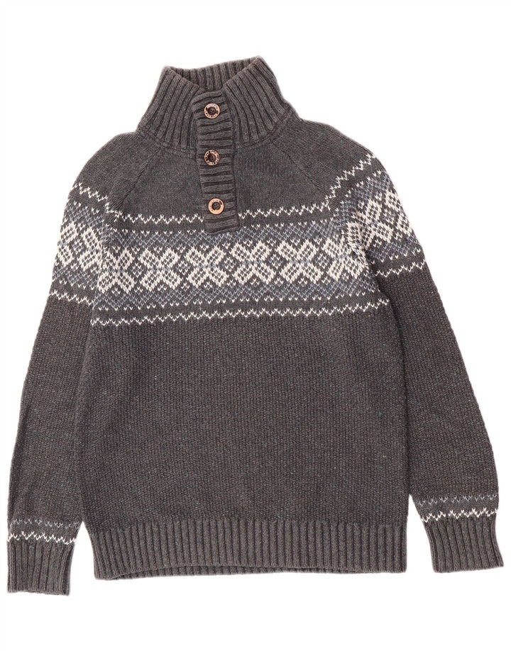 Pulover pentru bărbați Fat Face cu gât cu nasturi Gri mediu Fair Isle Classic