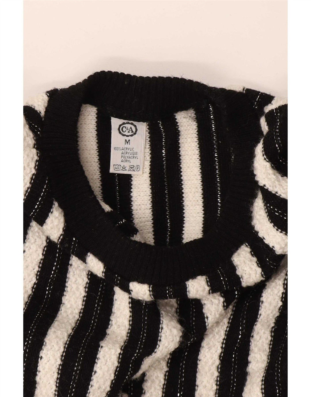 C&A Womens Crew Neck Jumper Sweater UK 14 Medium Black Striped Acrylic