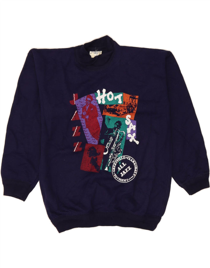 VINTAGE Mens Graphic Sweatshirt Jumper Small Navy Blue Cotton Vintage Vintage and Second-Hand Vintage from Messina Hembry 