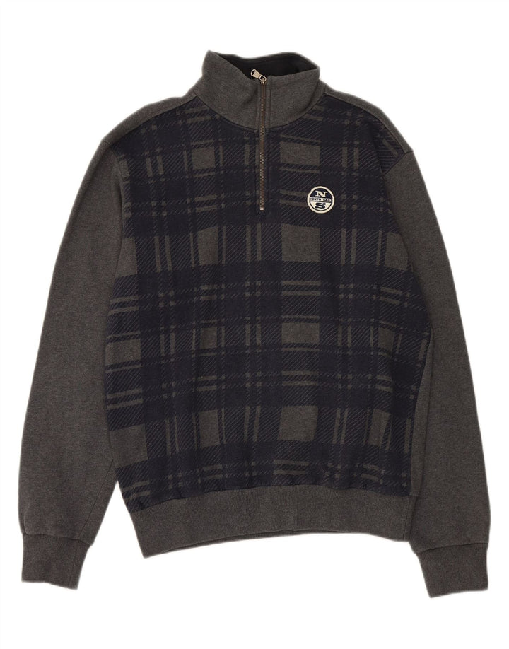 NORTH SAILS Mens Zip Neck Sweatshirt Jumper XL Grey Check Cotton