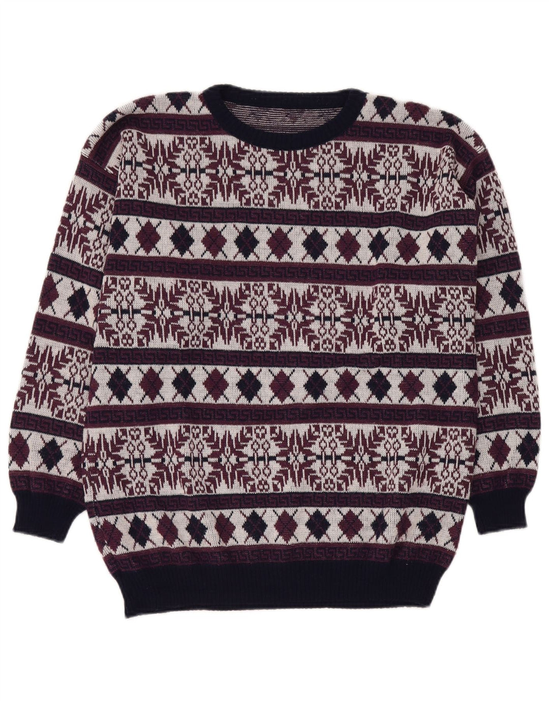 Pulover VINTAGE pentru bărbați cu gât roșu, UK 40 Medium Burgundy Fair Isle