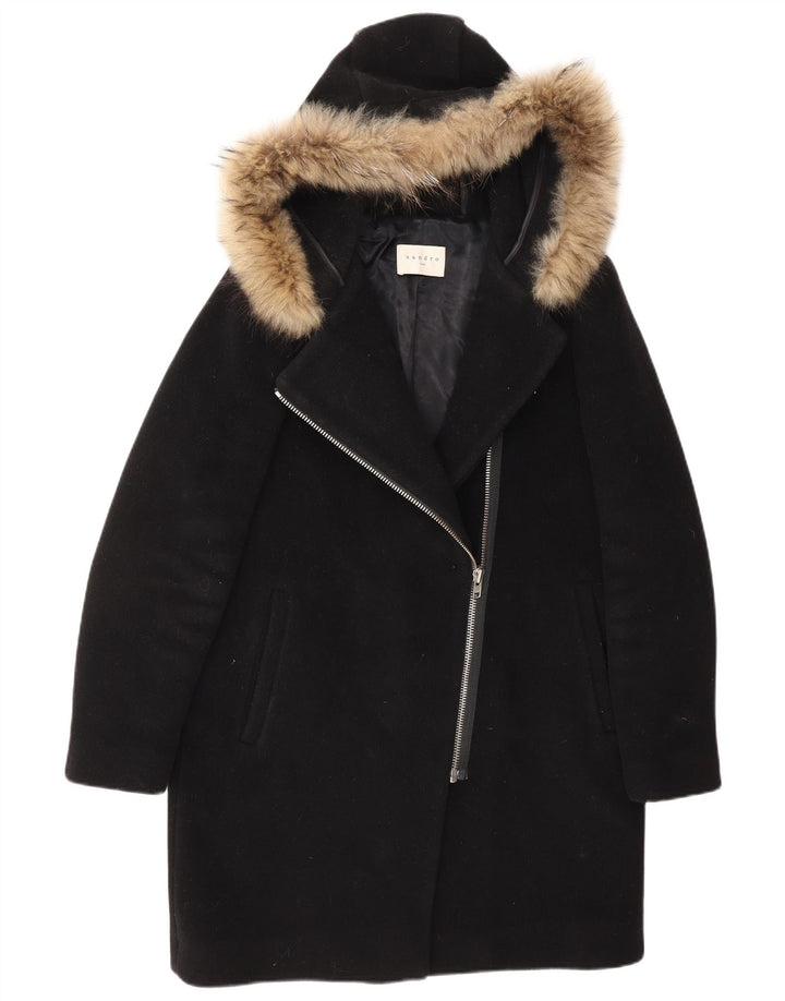 SANDRO Pardesiu cu glugă pentru femei EU 40 Lână neagră medie