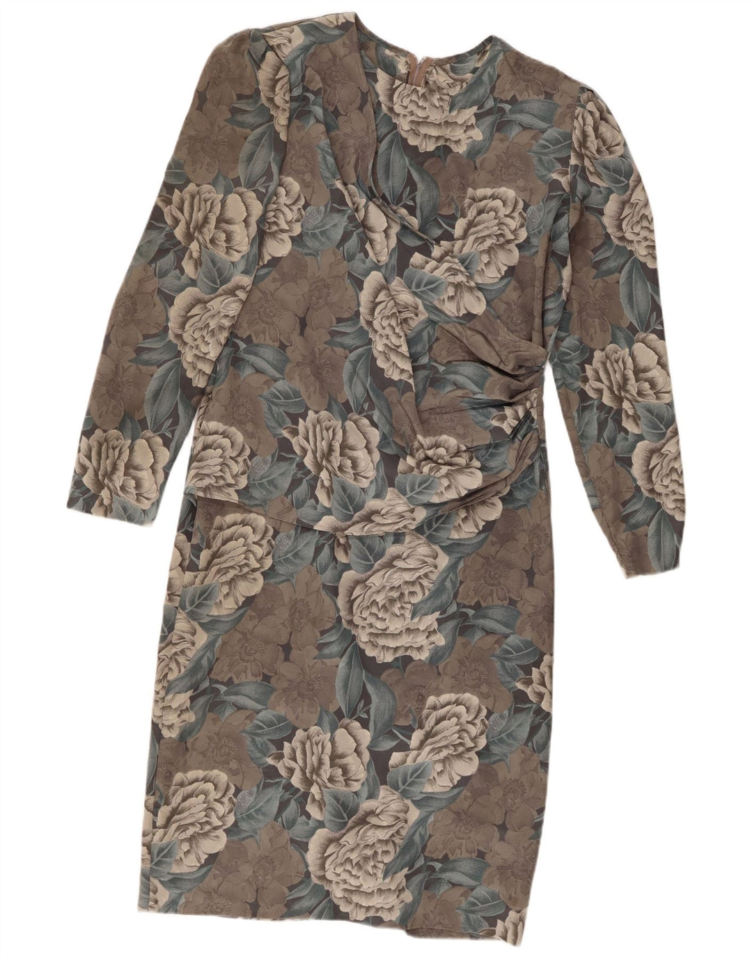 Rochie vintage pentru femei cu mânecă lungă, UK 12, poliester floral, gri mediu