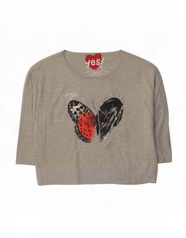 Top cu grafic supradimensionat pentru femei Desigual, cu mâneci 3/4 UK 14, bumbac gri mediu