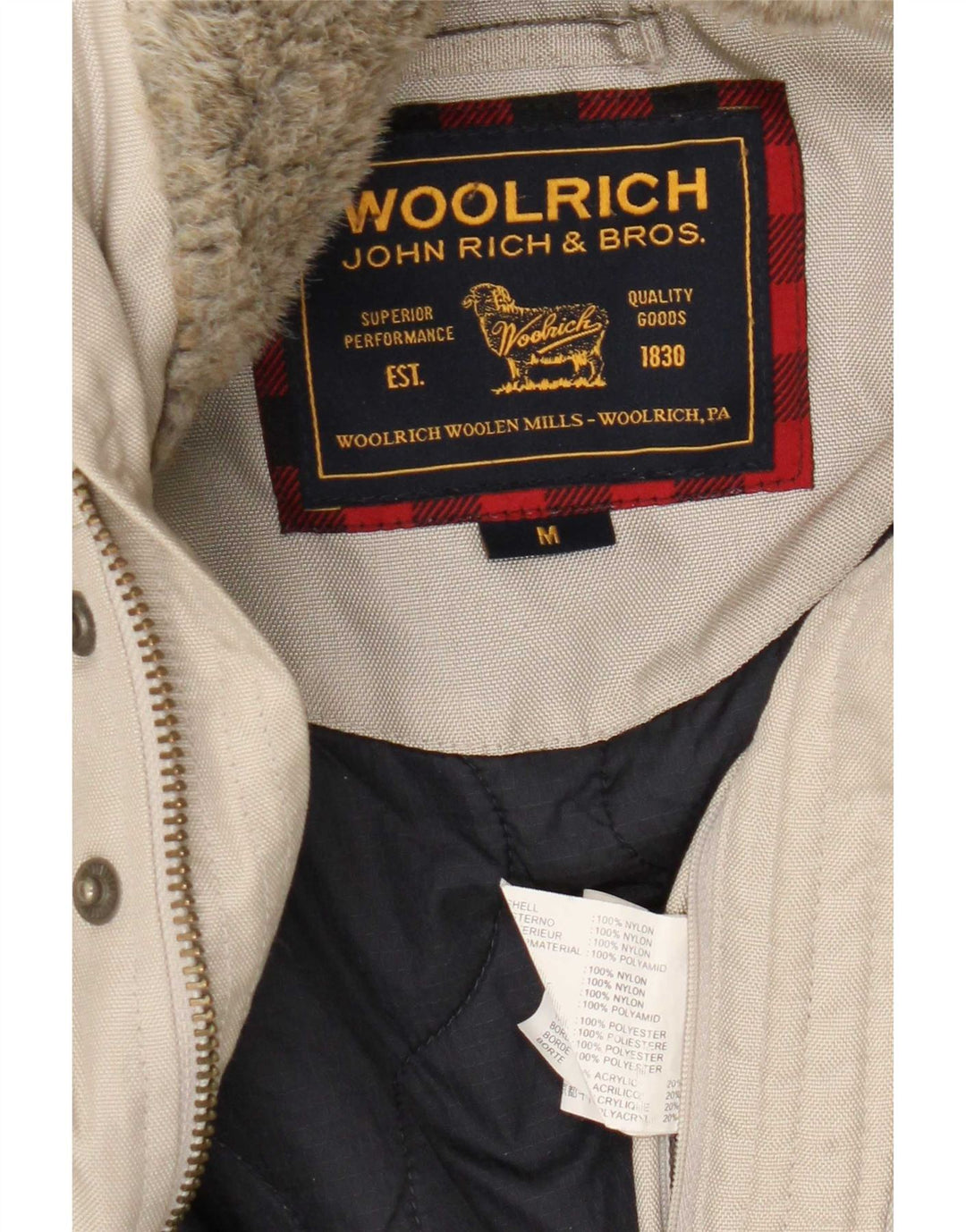 Jachetă bomber cu glugă pentru bărbați Woolrich UK 38, nailon mediu, bej