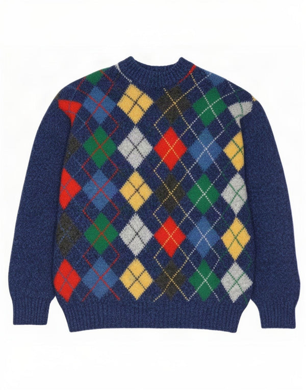 Pulover vintage pentru bărbați cu gât roșu IT 50 Medium Blue Argyle/Diamond Wool