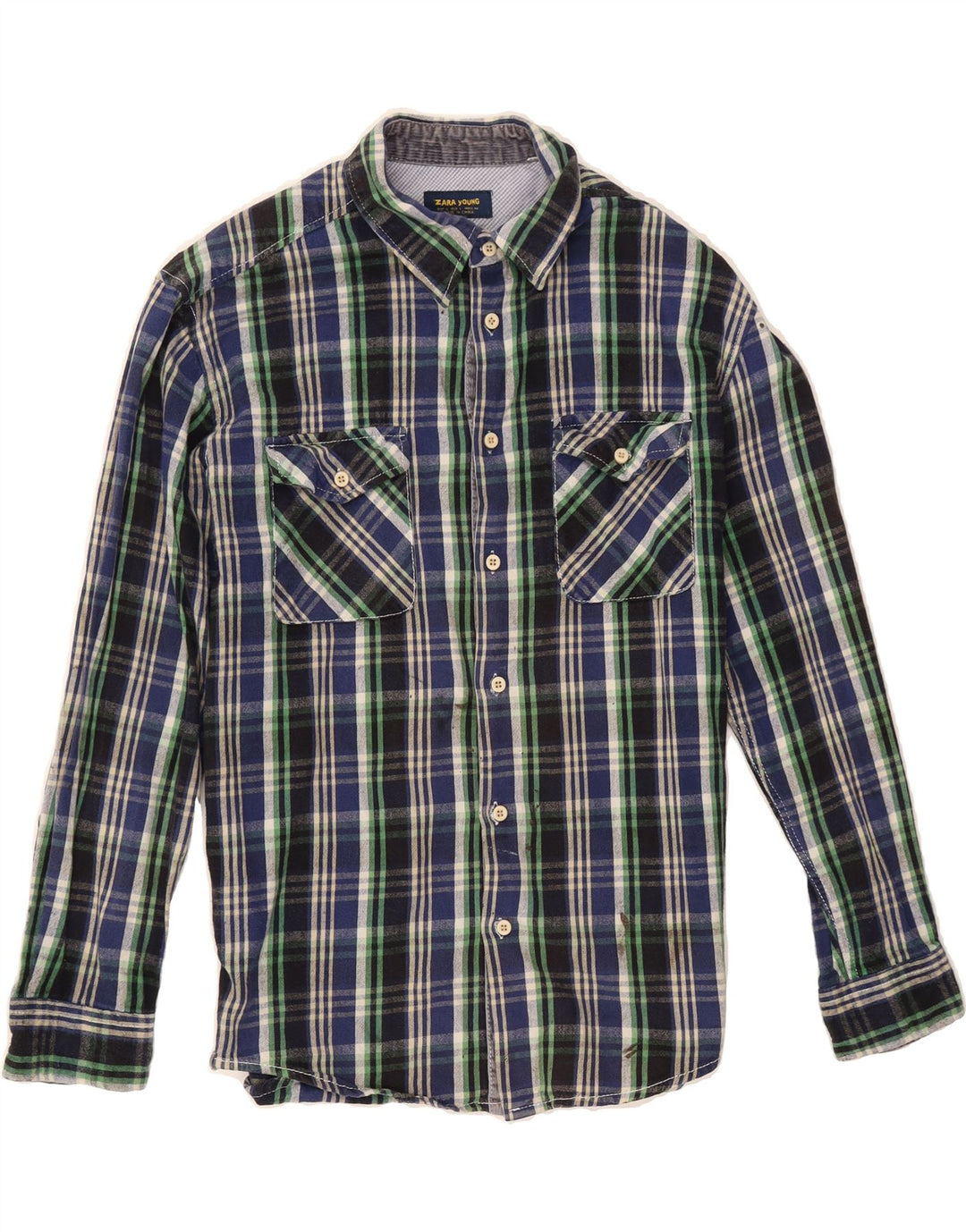 ZARA Mens Flannel Shirt Large Navy Blue Check Cotton Vintage Zara and Second-Hand Zara from Messina Hembry 