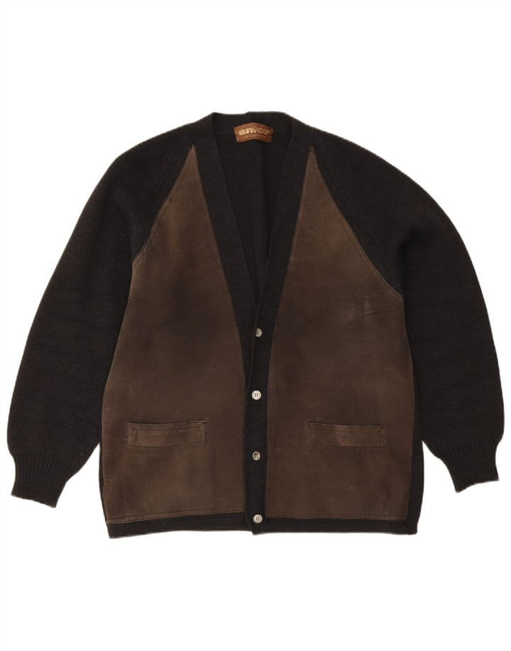 Anfor Pulover cardigan bărbătesc din piele intoarsa EU 48 Medium Black Colorblock piele intoarsa