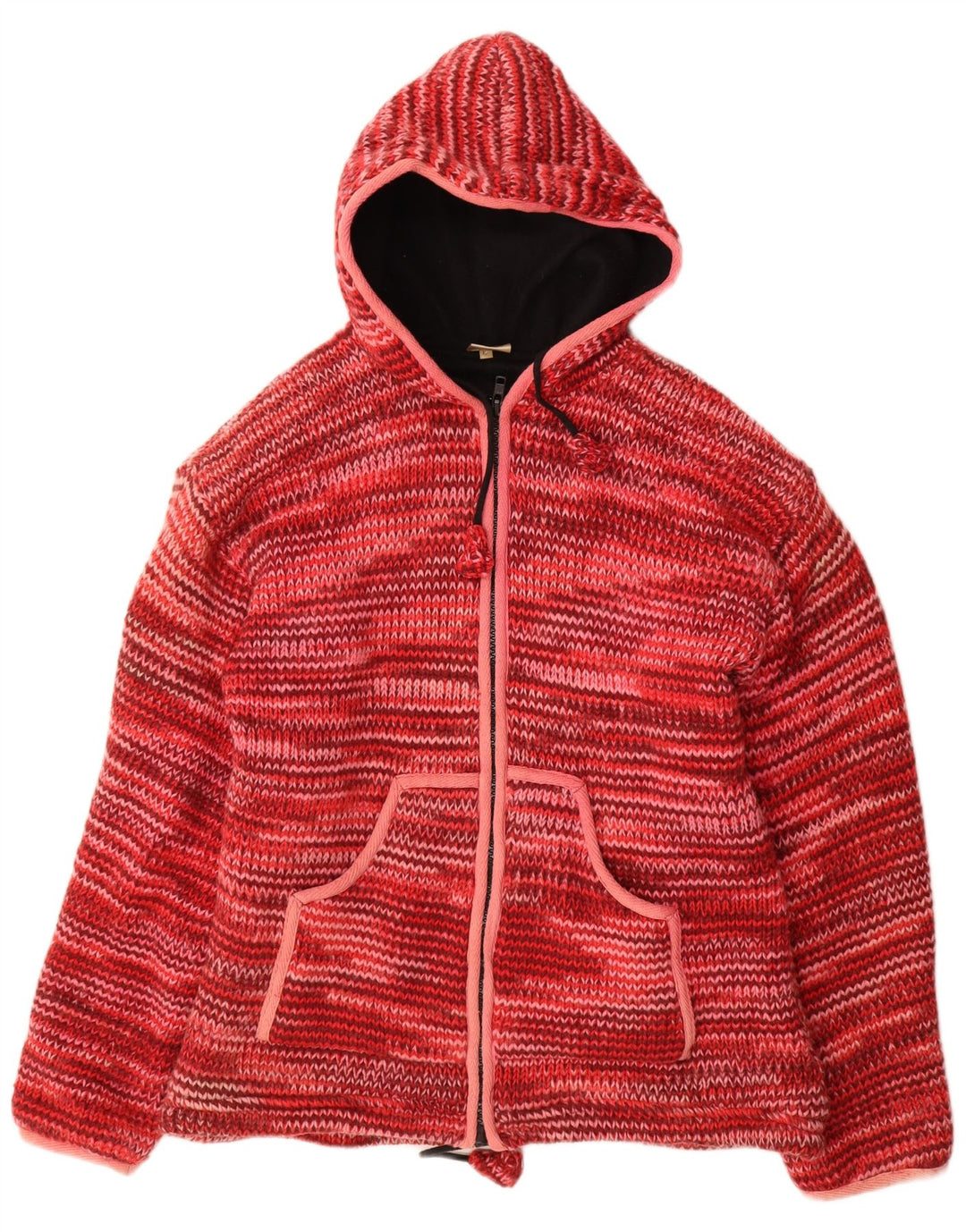 VINTAGE Pulover cardigan cu glugă pentru femei UK 16 Lână mare roșie cu pete