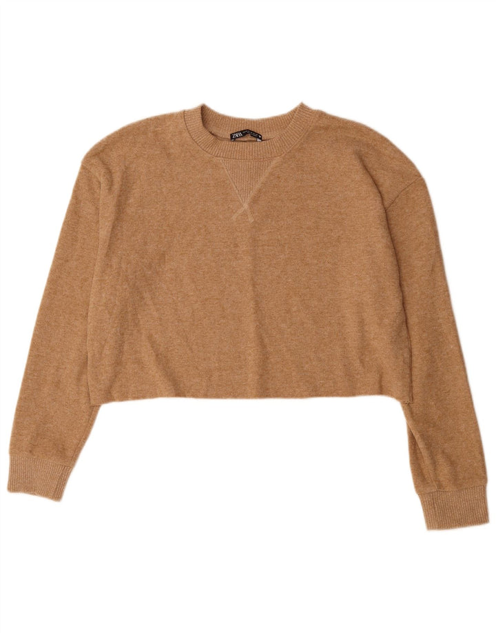 Pulover ZARA pentru damă, cu decolteu scurt, pulover cu gât turnat, UK 14, poliester mediu bej