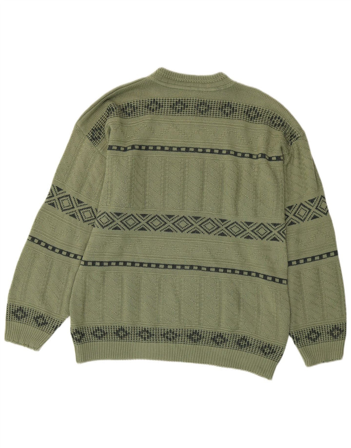 Pulover vintage pentru bărbați cu decolteu rotund, verde mediu, geometric