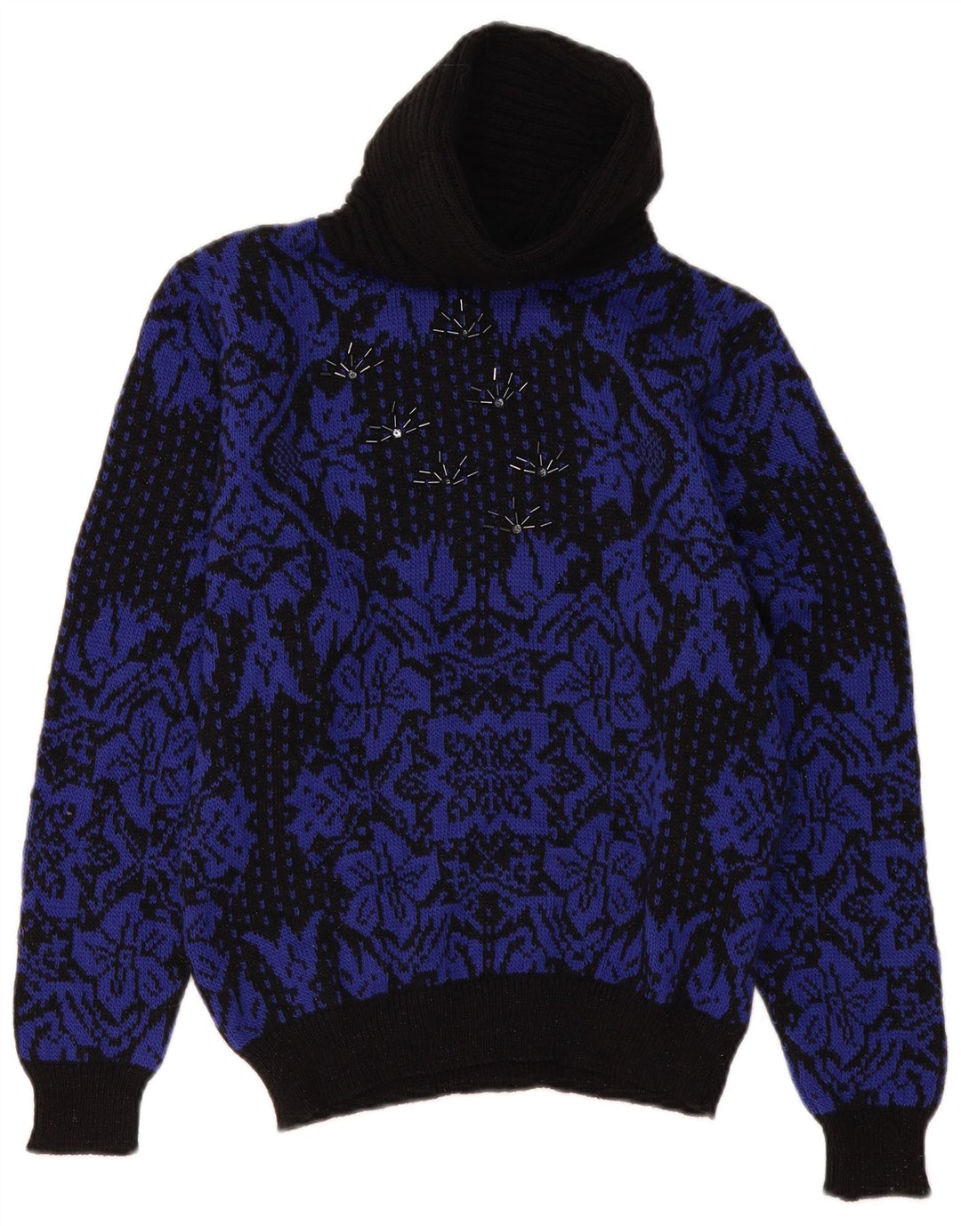 Pulover vintage pentru femei cu gât rulat, pulover UK 14 Medium Black Floral