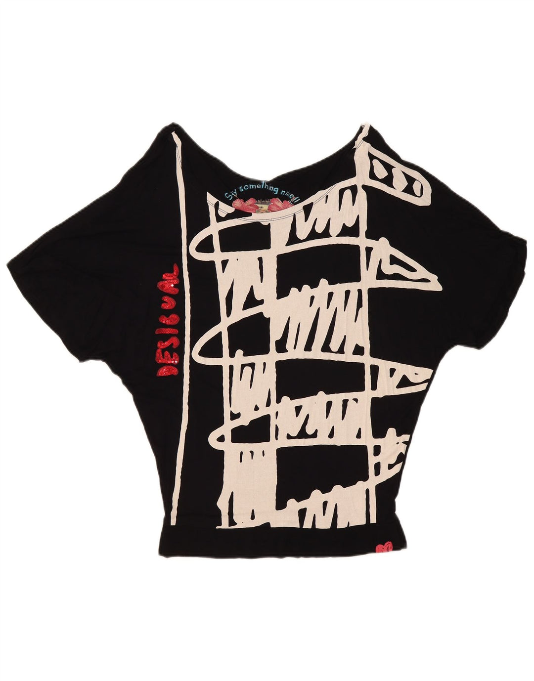 Bluză Desigual pentru damă cu grafic Batwing Top UK 10 Small Black Geometric