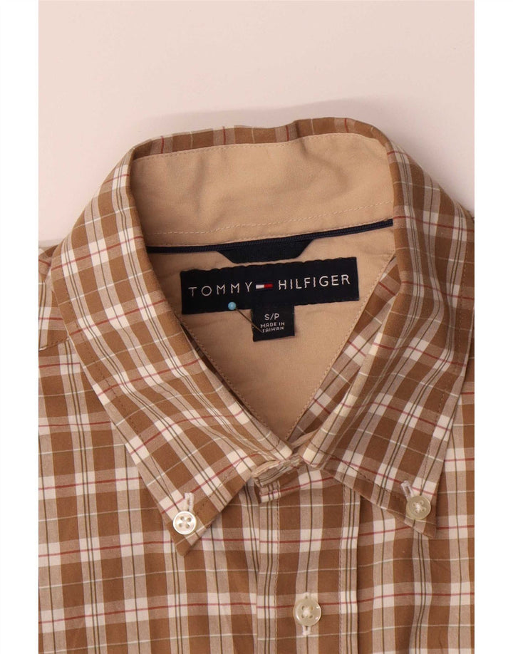 Cămașă cu mânecă scurtă Tommy Hilfiger pentru bărbați, bumbac cu carouri mici, maro