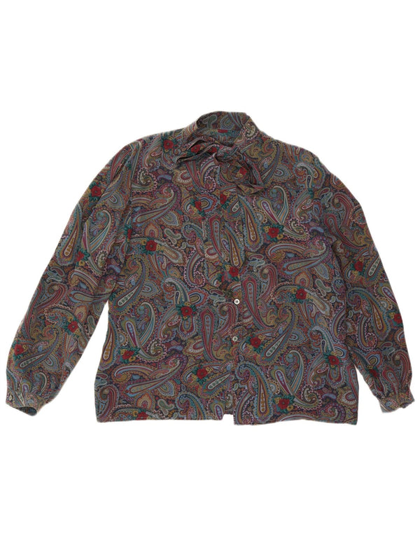 Bluză vintage pentru femei, cămașă cu cravată în față, IT 48 XL, mătase cachetălă multicoloră