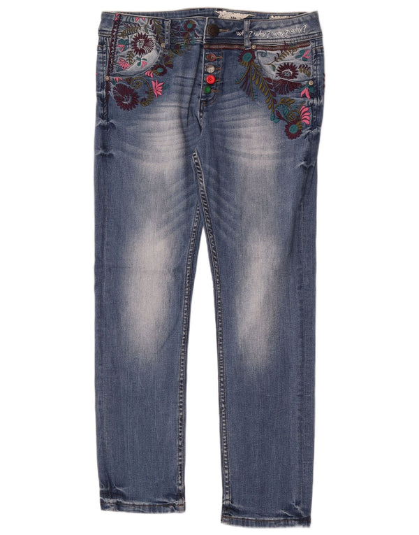 Blugi slim pentru femei Desigual cu talie joasă W30 L30 bumbac cu flori albastre