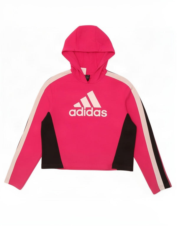 Pulover Adidas pentru fete Crop Graphic Hoodie 13-14 ani roz colorblock