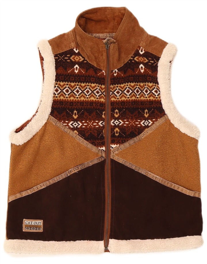 Gilet din piele intoarsa pentru femei vintage UK 14 maro mediu din piele geometrica