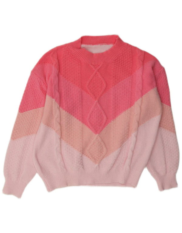 Pulover vintage pentru femei cu decolteu rotund UK 14 mare, roz, color block